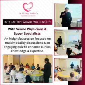 Dr. Akshay Kashid conducting an interactive academic session with senior physicians and super specialists, featuring group discussions, presentations, and a clinical quiz.