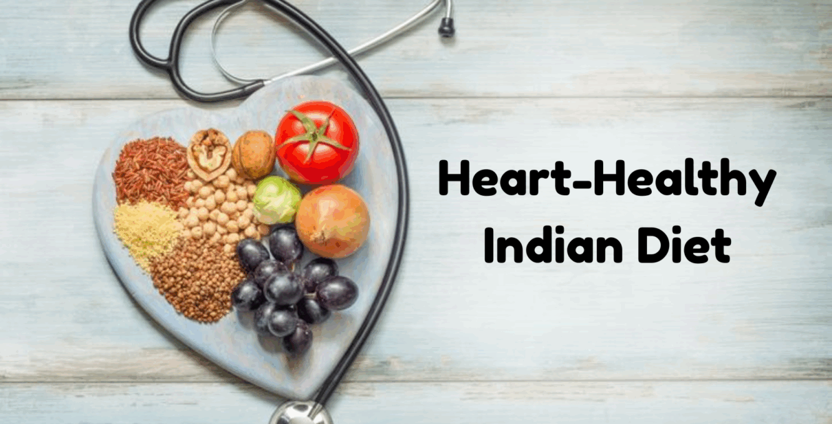 Heart-shaped plate filled with Indian whole grains, legumes, nuts, fruits, and vegetables, placed next to a stethoscope, representing a balanced Indian diet for heart health as recommended by Dr. Akshay Kashid.