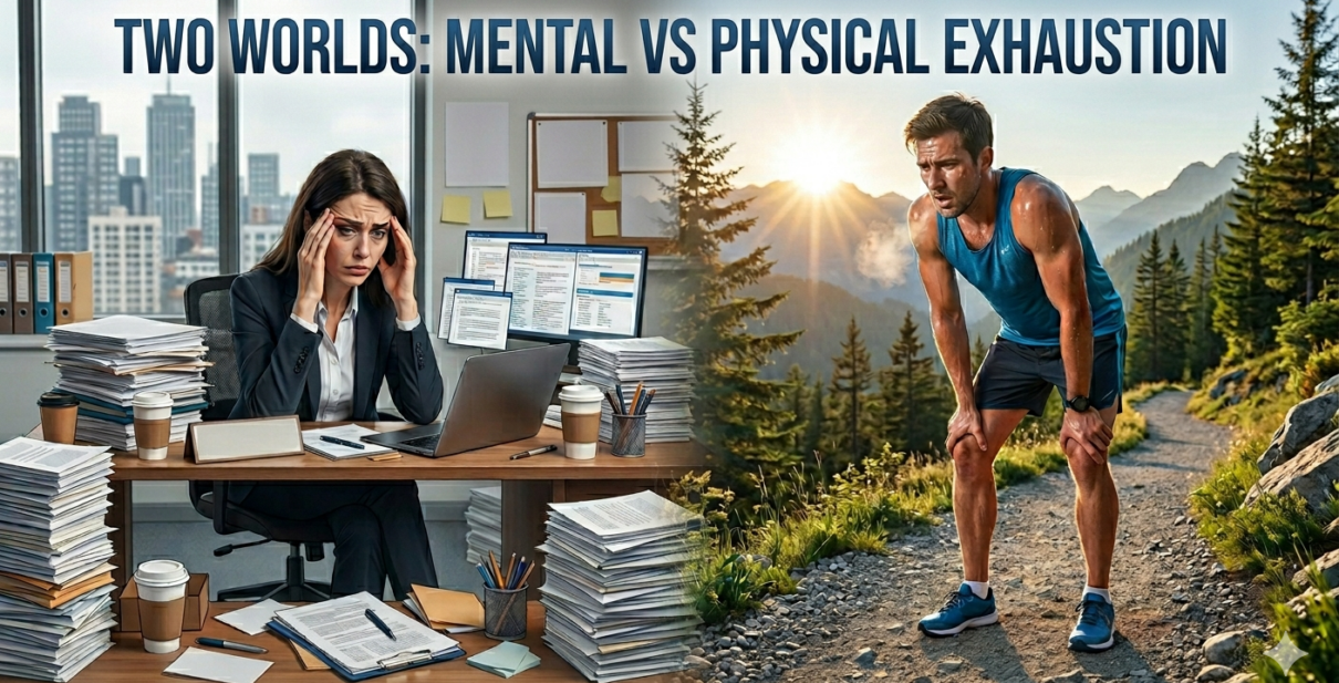 Professional experiencing fatigue and exhaustion while comparing burnout symptoms with cardiovascular fatigue and heart-related warning signs