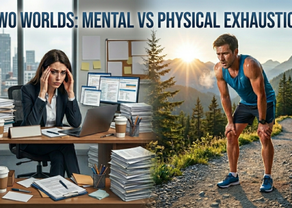 Professional experiencing fatigue and exhaustion while comparing burnout symptoms with cardiovascular fatigue and heart-related warning signs