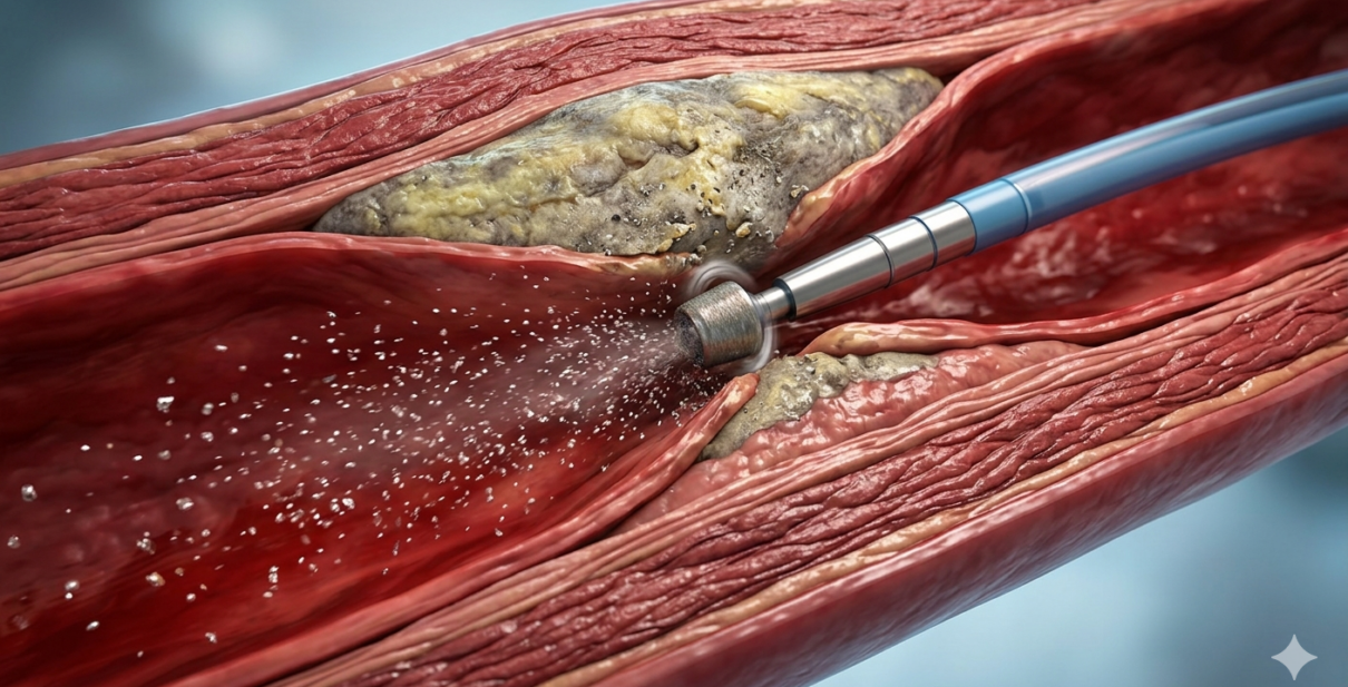 Illustration showing rotational atherectomy using a diamond-tipped burr to remove calcified coronary artery blockage before stent placement