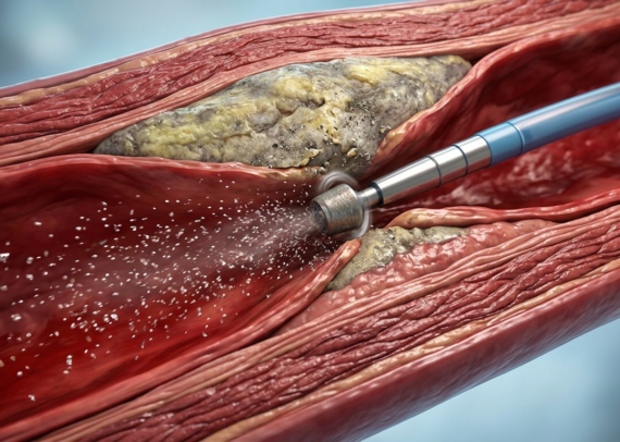 Illustration showing rotational atherectomy using a diamond-tipped burr to remove calcified coronary artery blockage before stent placement