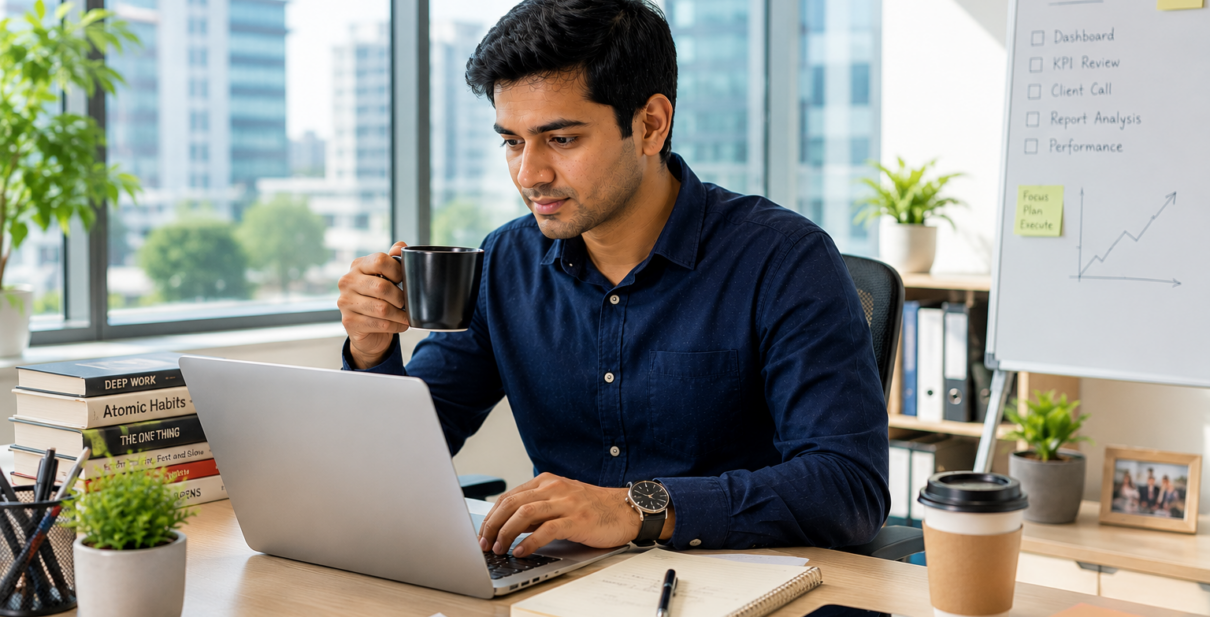Young corporate professional experiencing heart palpitations after consuming multiple cups of coffee during late-night work.