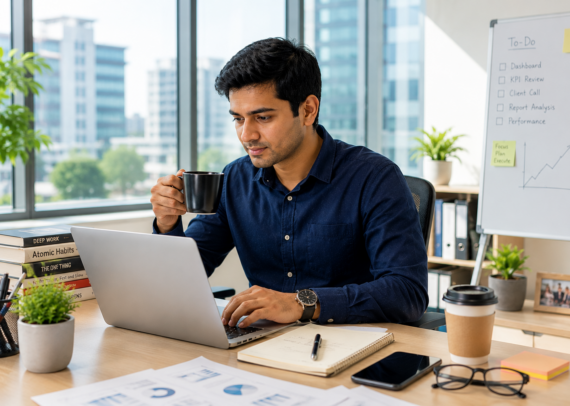 Young corporate professional experiencing heart palpitations after consuming multiple cups of coffee during late-night work.