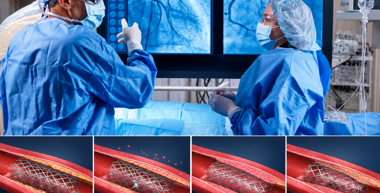 Illustration showing in-stent restenosis where scar tissue causes artery re-narrowing after coronary angioplasty and stent placement.
