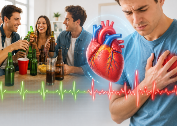 Young professional experiencing heart palpitations and irregular heartbeat after heavy alcohol consumption during a weekend party.