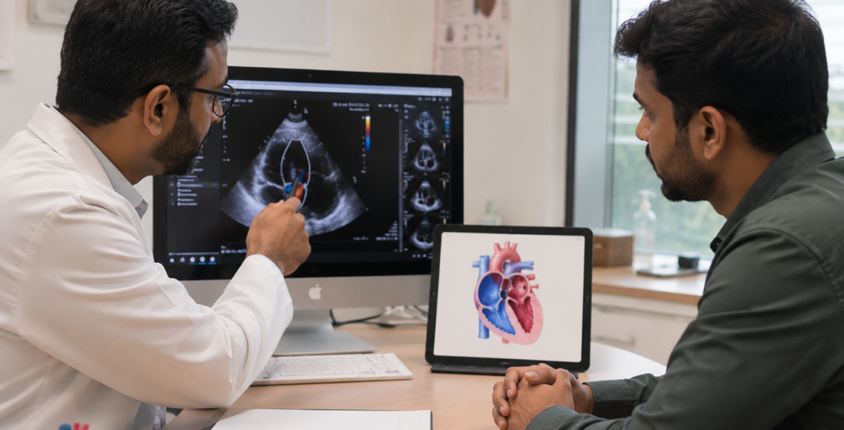 Adult patient consulting a cardiologist after diagnosis of congenital heart defect ASD or VSD through echocardiography.