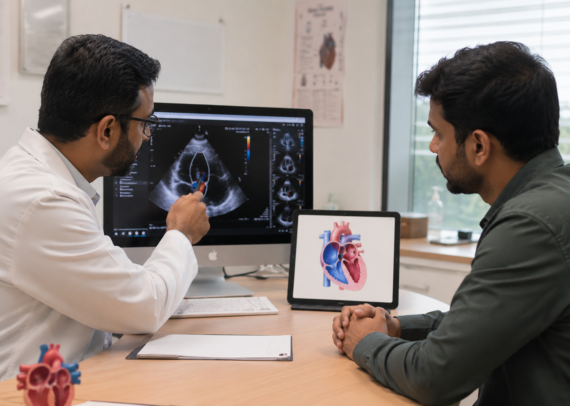Adult patient consulting a cardiologist after diagnosis of congenital heart defect ASD or VSD through echocardiography.