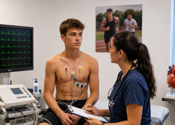 Young basketball athlete undergoing cardiac screening for hypertrophic cardiomyopathy before sports participation.